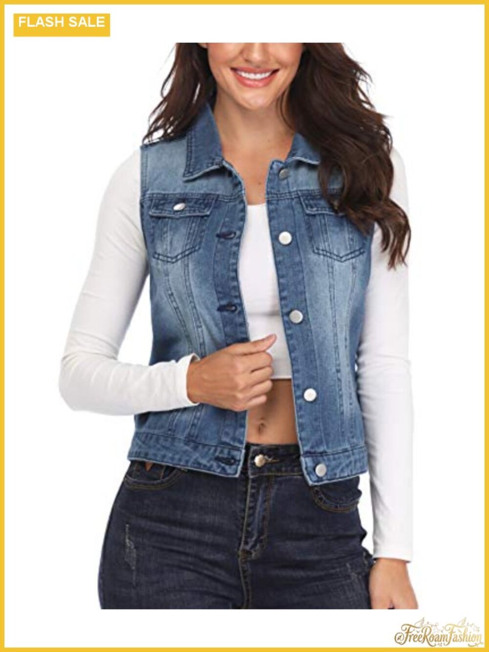Women's Denim Vest Crop Sleeveless Classic Jean Jacket with Flap Pockets